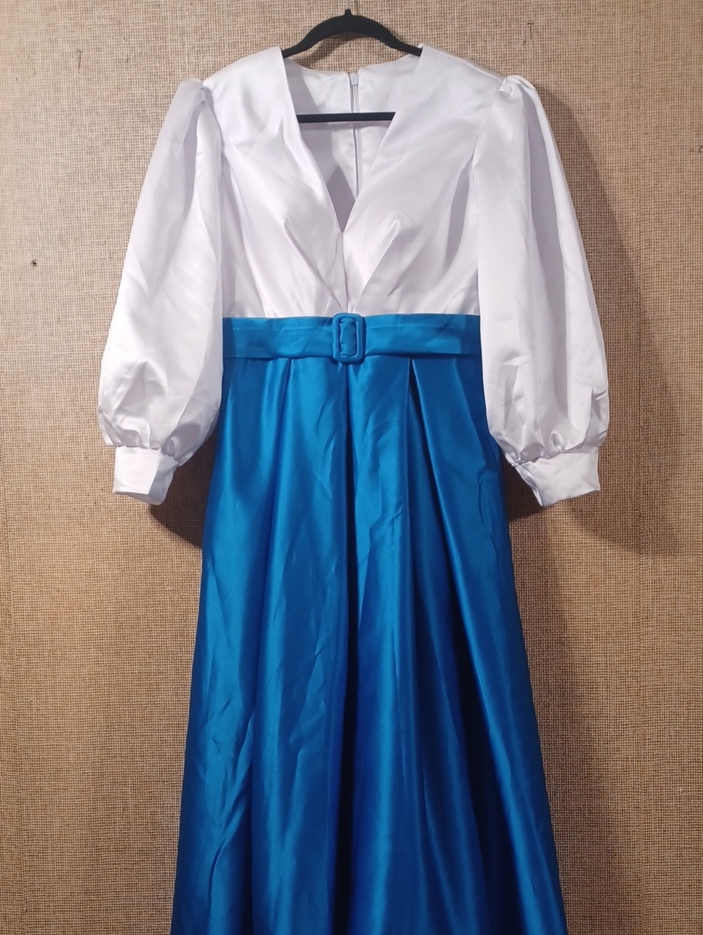 White and Bright Blue V-Neck Puff Sleeve Belted Dress - Picture 2 of 7